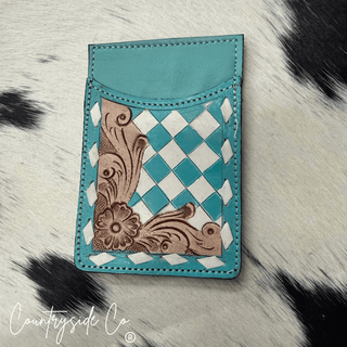 Hadley Checkered Leather Card Holder in Turquoise and Black by Countryside Co. – Purses & Wallets from Bronco Western Supply Co.