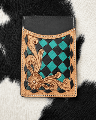 Hadley Checkered Leather Card Holder in Turquoise and Black by Countryside Co. – Purses & Wallets from Bronco Western Supply Co.