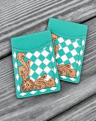 Hadley Checkered Leather Card Holder in Turquoise by Countryside Co. – Purses & Wallets from Bronco Western Supply Co.