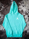 Front view of bright teal hoodie with small white Bronco logo on chest