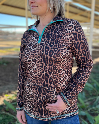 Hear Me Roar Leopard Pullover with Turquoise Zip by Sterling Kreek – Apparel from Bronco Western Supply Co.