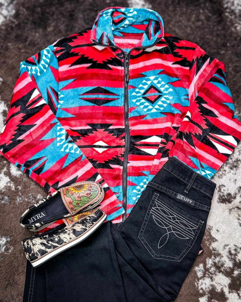 Heritage Plush Fleece Full Zip Pullover in Pink Turquoise Aztec – Apparel from Bronco Western Supply Co.