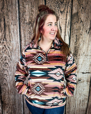 Heritage Plush Fleece Quarter Zip Pullover in Coral Aztec – Apparel from Bronco Western Supply Co.