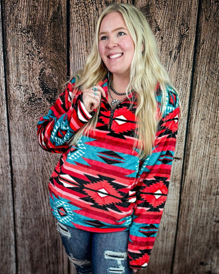 Heritage Plush Fleece Quarter Zip Pullover in Pink Turquoise Aztec – Apparel from Bronco Western Supply Co.