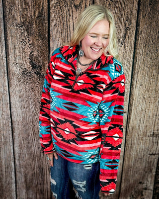 Heritage Plush Fleece Quarter Zip Pullover in Pink Turquoise Aztec – Apparel from Bronco Western Supply Co.