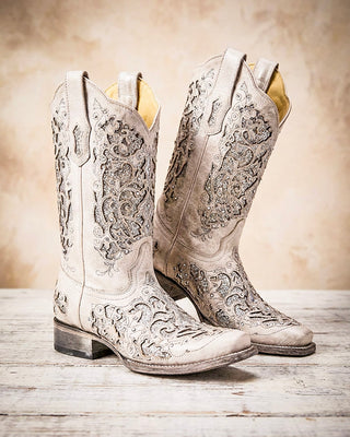 Ivory Reverie Crystal Square Toe Boots in White by Corral Boots
