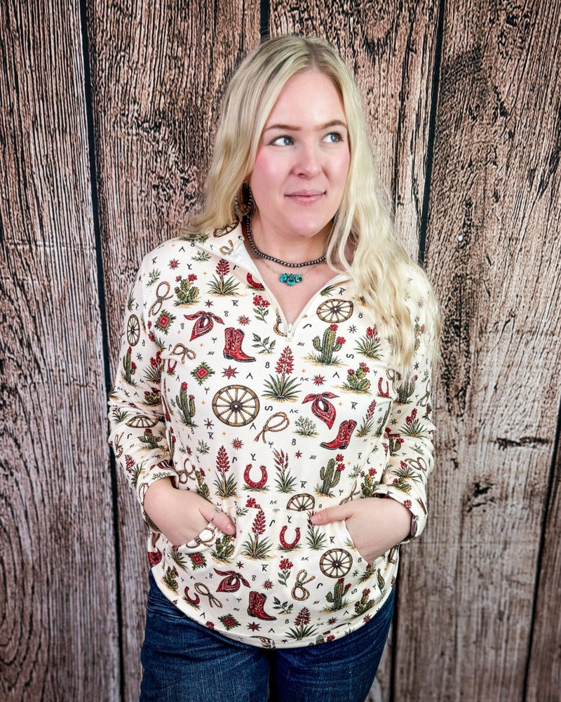 Homestead Honey Quarter Zip Pullover in Cream by Sterling Kreek – Apparel from Bronco Western Supply Co.