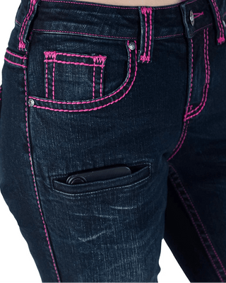 Close-up of dark blue denim jeans with bright pink contrast stitching, showing the back pocket and side pocket details on a model.
