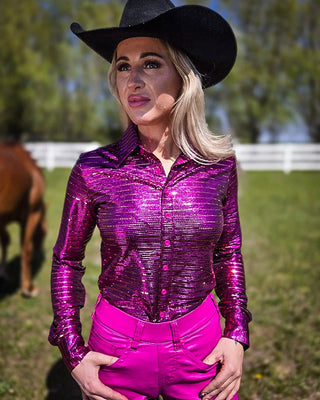 Hot Pink Shimmer Copper Sequins Pullover Button Up by Cowgirl Tuff – Apparel from Bronco Western Supply Co.