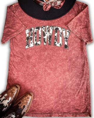 Howdy Cow Print Graphic Tee - Wine – Apparel from Bronco Western Supply Co.