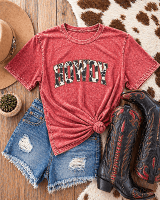 Howdy Cow Print Graphic Tee - Wine – Apparel from Bronco Western Supply Co.