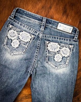 Ivory Patchwork Bootcut Jeans in Medium Dark Wash by Grace in LA – Apparel from Bronco Western Supply Co.