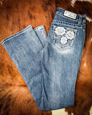 Ivory Patchwork Bootcut Jeans in Medium Dark Wash by Grace in LA – Apparel from Bronco Western Supply Co.