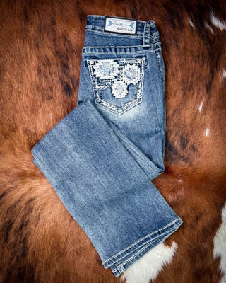 Ivory Patchwork Bootcut Jeans in Medium Dark Wash by Grace in LA – Apparel from Bronco Western Supply Co.