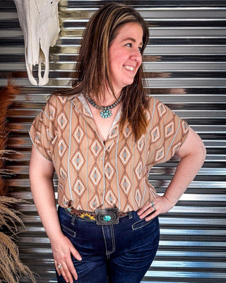 Josie Khaki Aztec Dolman Short Sleeve Button Down Top - Apparel - Lucky & Blessed - Bronco Western Supply Co.