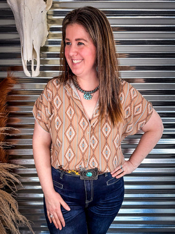 Josie Khaki Aztec Dolman Short Sleeve Button Down Top - Apparel - Lucky & Blessed - Bronco Western Supply Co.