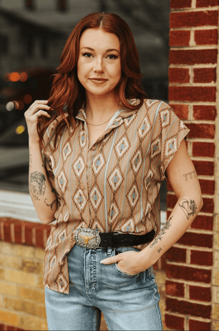 Josie Khaki Aztec Dolman Short Sleeve Button Down Top – Apparel from Bronco Western Supply Co.