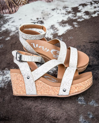 Kiara Tooled Wedge Sandal in Light Grey by Very G – Women's Shoes from Bronco Western Supply Co.