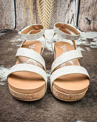 Kiara Tooled Wedge Sandal in Light Grey by Very G – Women's Shoes from Bronco Western Supply Co.