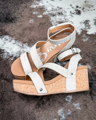 Kiara Tooled Wedge Sandal in Light Grey by Very G – Women's Shoes from Bronco Western Supply Co.