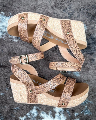 Kiara Tooled Wedge Sandal in Tan by Very G – Women's Shoes from Bronco Western Supply Co.