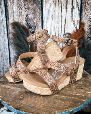 Kiara Tooled Wedge Sandal in Tan by Very G – Women's Shoes from Bronco Western Supply Co.