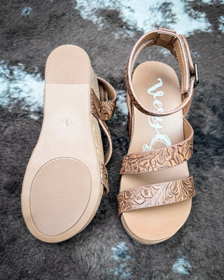 Kiara Tooled Wedge Sandal in Tan by Very G – Women's Shoes from Bronco Western Supply Co.