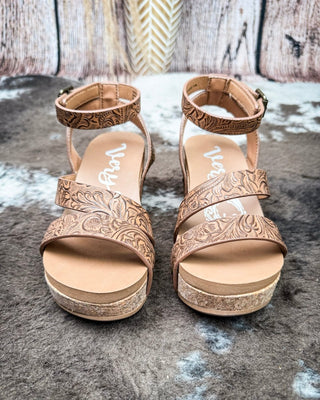Kiara Tooled Wedge Sandal in Tan by Very G – Women's Shoes from Bronco Western Supply Co.