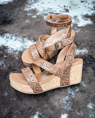 Kiara Tooled Wedge Sandal in Tan by Very G – Women's Shoes from Bronco Western Supply Co.