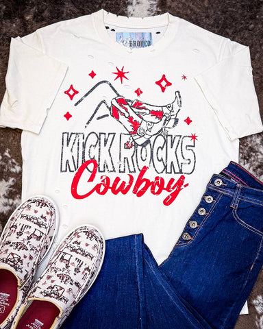 Kick Rocks Cowboy Distressed Graphic Tee - Cream - Apparel - Country Deep Apparel - Bronco Western Supply Co.