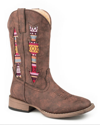 Kids' Double Arrows boot by Roper in an angled view, showing a brown vintage-look faux leather upper, colorful patterned arrow underlays, pull tabs and a square toe
