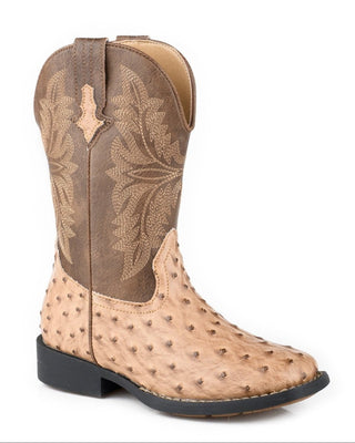 Wren Big Kids boot by Roper in tan and brown, showing the textured faux ostrich vamp, stitched brown shaft, wide square toe and low heel