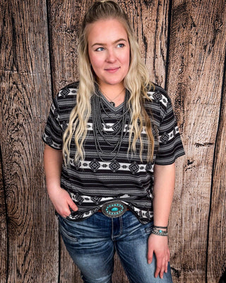 Krista Black Aztec Print Short Sleeve V - Neck Top – Apparel from Bronco Western Supply Co.