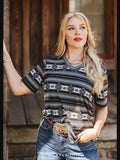 Krista Black Aztec Print Short Sleeve V - Neck Top - Apparel - Lucky & Blessed - Bronco Western Supply Co.