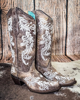 boots on cowhide, wood backdrop