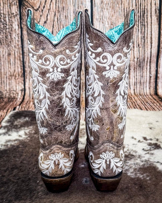 back of boots on cow hide, wood backdrop