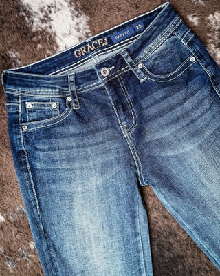 Lariat Stitch Bootcut Jeans in Medium Wash by Grace in LA – Apparel from Bronco Western Supply Co.