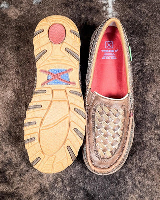 Leila Twisted X Slip - On Driving Moc - Woven Brown & Coffee – Women's Shoes from Bronco Western Supply Co.