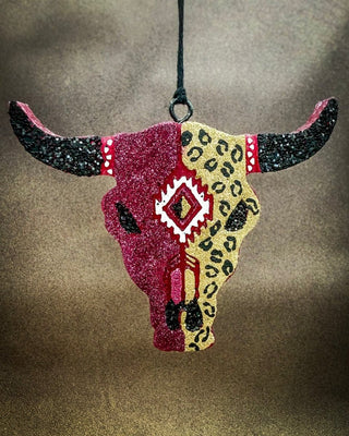 Maroon and leopard bull skull car freshie hanging