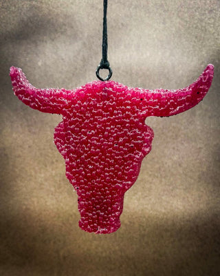 Maroon and leopard bull skull car freshie hanging