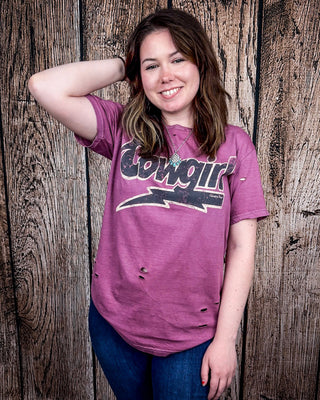 Lightning Cowgirl Distressed Graphic Tee - Vintage Berry – Apparel from Bronco Western Supply Co.