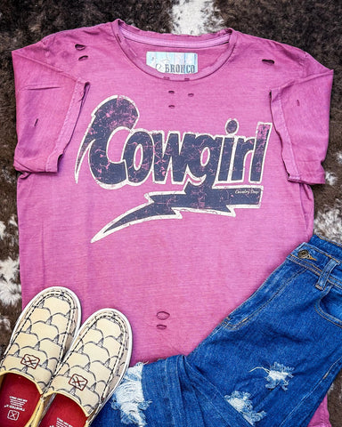 Lightning Cowgirl Distressed Graphic Tee - Vintage Berry - Apparel - Country Deep Apparel - Bronco Western Supply Co.