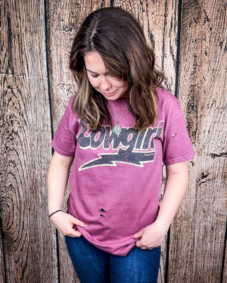 Lightning Cowgirl Distressed Graphic Tee - Vintage Berry – Apparel from Bronco Western Supply Co.