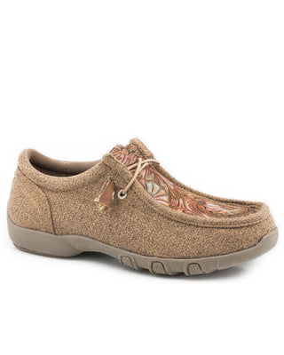 Chillin Floral Little Kids moc shoe by Roper with textured tan canvas, a floral-embossed faux leather vamp, elastic laces and a stitched moc toe