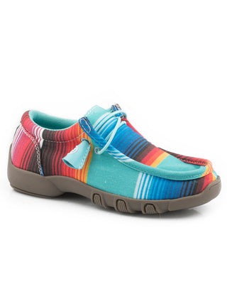 Chillin Serape Little Kids moc shoe by Roper with multicolor striped canvas, turquoise elastic laces, a stitched moc toe and a flexible sole