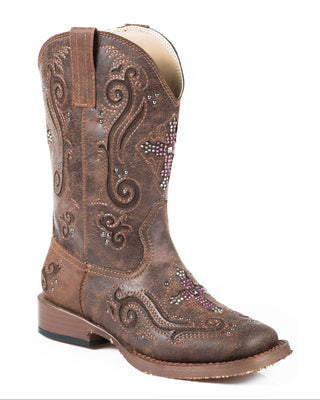 Faith Little Kids boot by Roper in vintage brown faux leather, showing pink crystal cross details, scrolling accents, metallic studs and a square toe