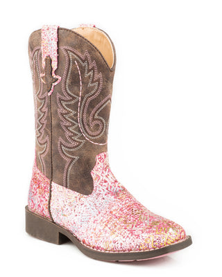 Glitter Aztec Little Kids boot by Roper showing a pink Southwest glitter vamp, brown stitched shaft, glitter pull tabs and a wide square toe