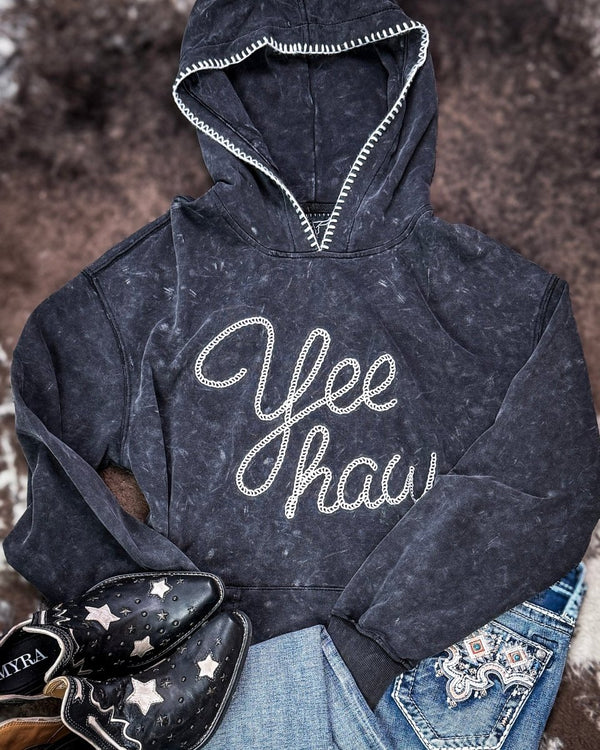 Midnight Rodeo Yeehaw Embroidered Hoodie in Black Mineral Wash – Apparel from Bronco Western Supply Co.