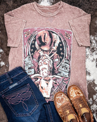 Milo Wild West Boyfriend Tee in Mocha Mineral Wash – Apparel from Bronco Western Supply Co.
