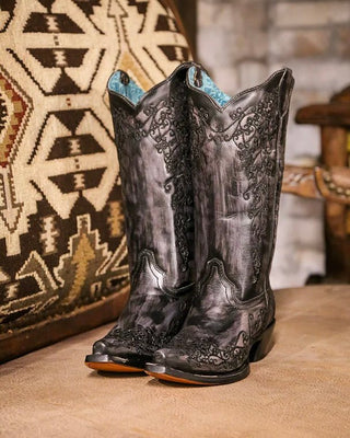 Moonflower Embroidered Snip Toe Boots in Black and Bone by Corral Boots – Women's Boots from Bronco Western Supply Co.